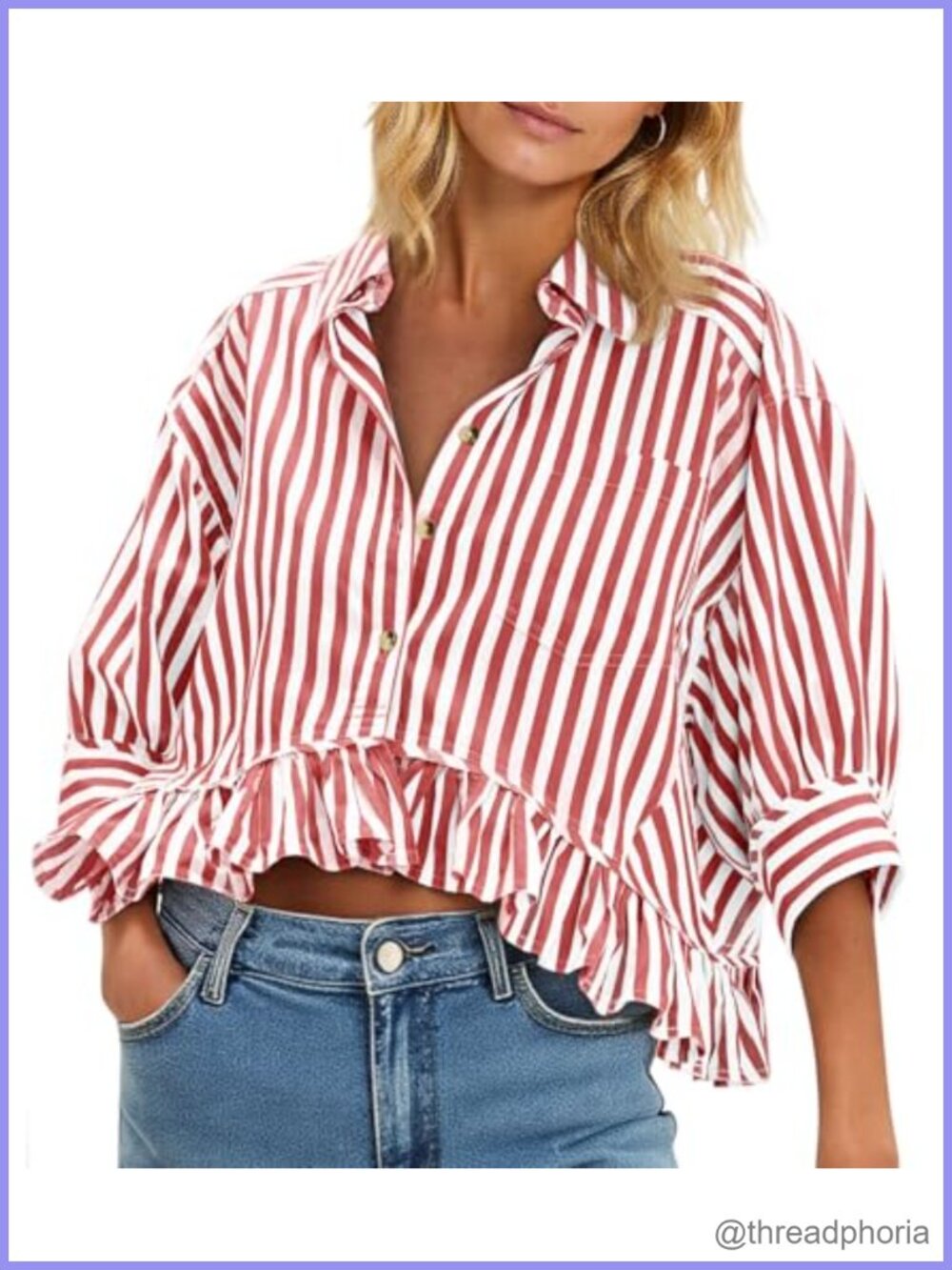 Womens Cropped Striped Button Down Shirt Ruffle 3/4 Sleeve Blouse